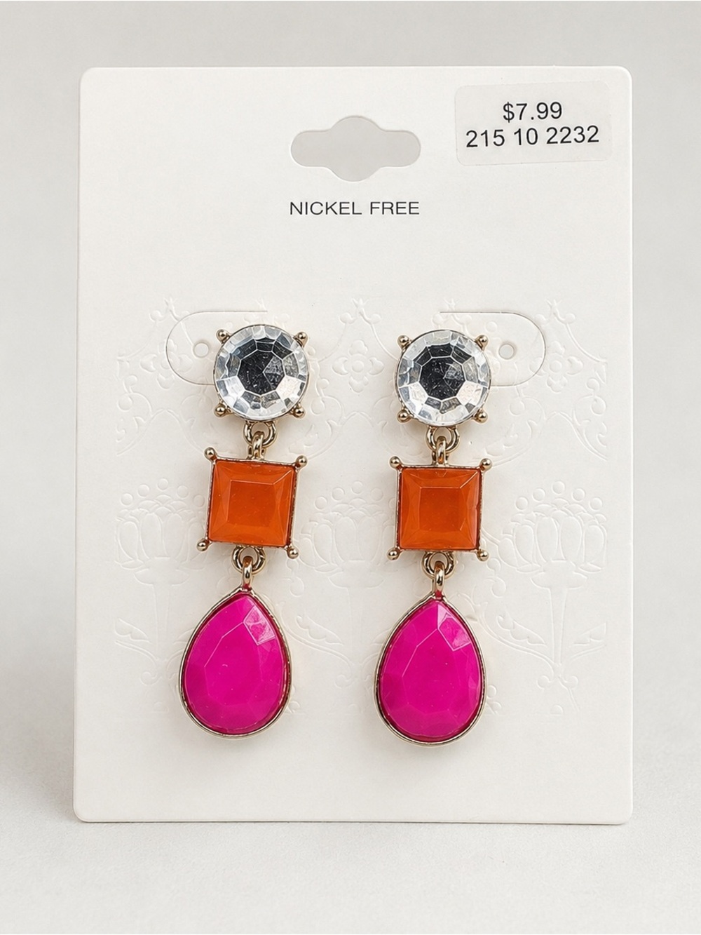 NWT Pink Orange Crystal Drop Earrings Nickel Free Statement Jewelry